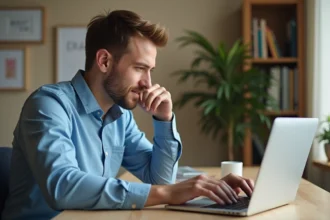 Homme concentré sur son ordinateur dans un bureau cosy