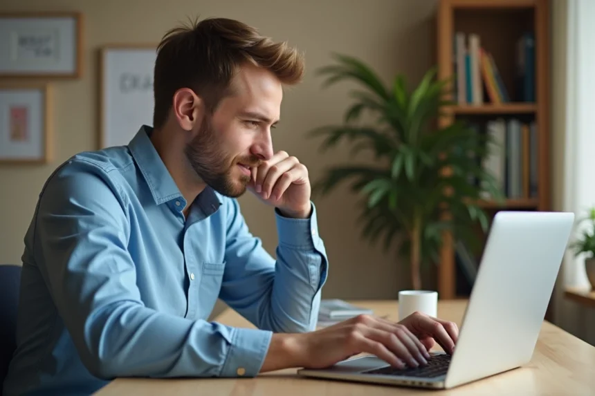 Homme concentré sur son ordinateur dans un bureau cosy