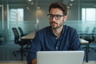 Homme en tenue décontractée travaillant sur son ordinateur dans un bureau moderne
