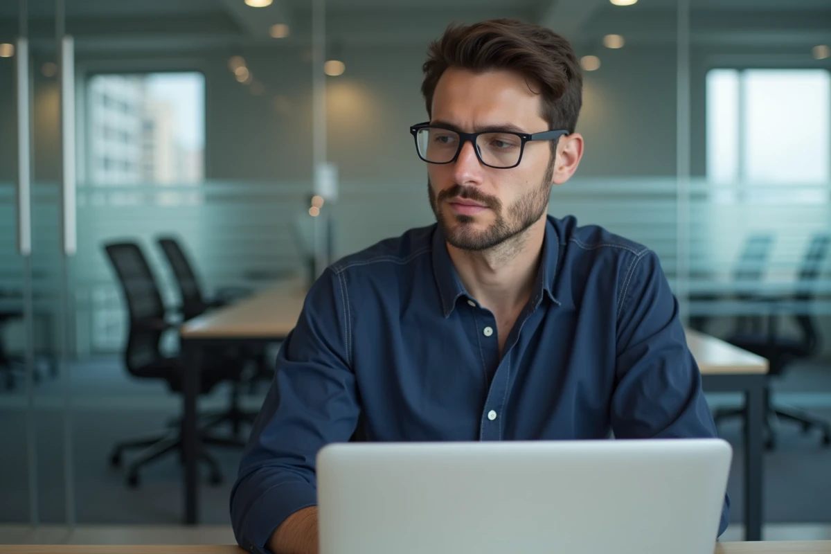 Homme en tenue décontractée travaillant sur son ordinateur dans un bureau moderne