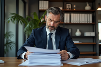 Homme d'affaires en costume navy examine des documents comptables
