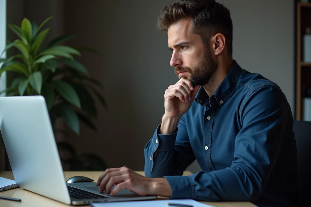 Homme consultant son relevé bancaire en ligne sur ordinateur portable pour identifier une transaction suspecte de Bozullhuizas Partners Ltd