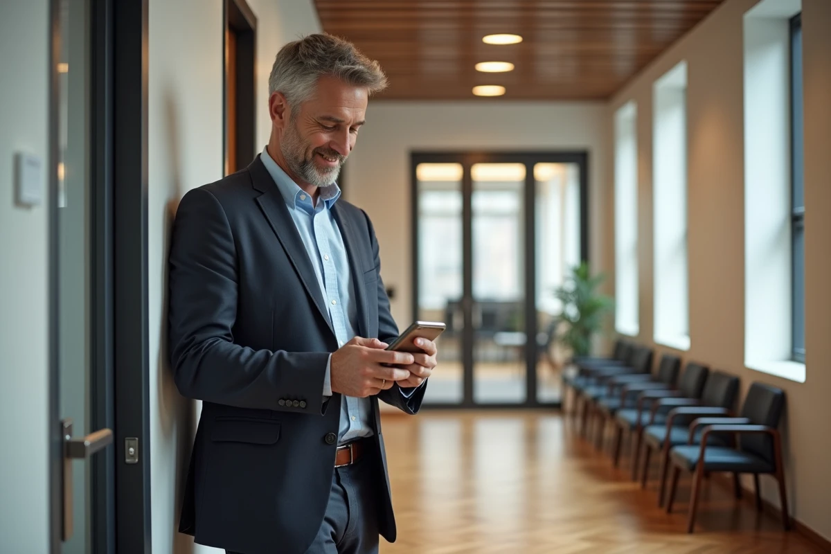 Homme vérifiant sa fiche de paie avec son smartphone dans le couloir