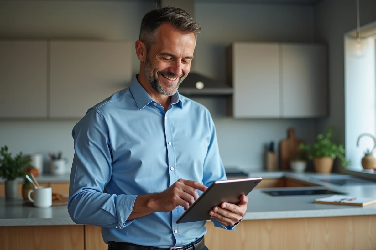 Homme souriant utilisant une tablette dans la cuisine