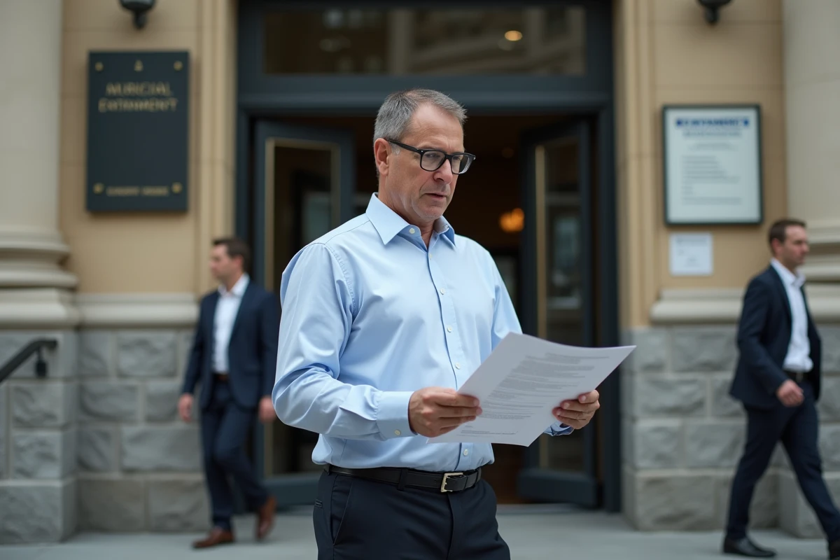 Homme d age devant bâtiment municipal vérifiant un dossier