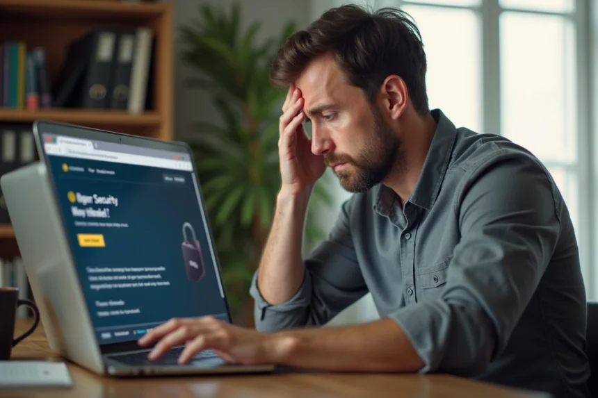 Homme frustré devant un ordinateur portable affichant une erreur sur le portail MonPortailSecuritas à son bureau à domicile