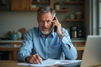 Homme inquiet au téléphone dans la cuisine