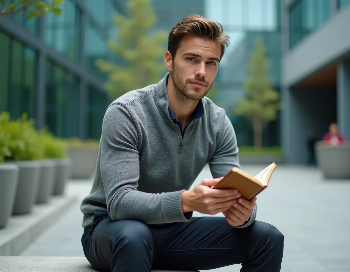 Jeune homme assis dehors pendant une pause au travail, lisant un proverbe manuscrit dans un carnet pour trouver la motivation
