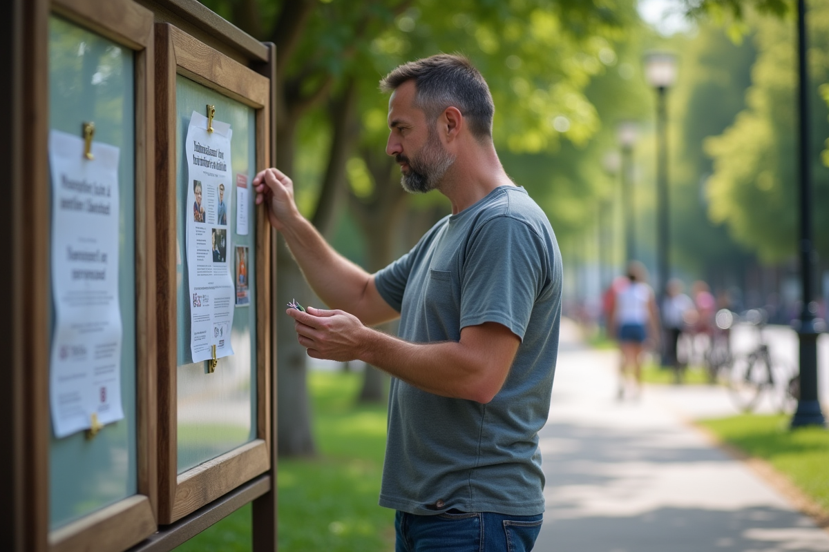 Homme décontracté épingle une affiche dans un parc urbain
