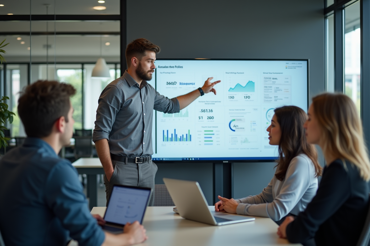 Jeune homme expliquant un tableau de bord digital