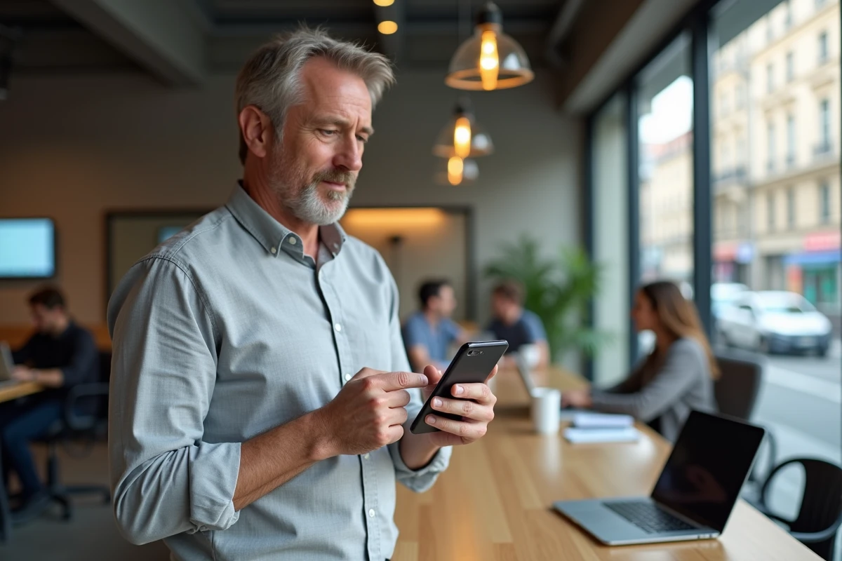 Homme utilisant son smartphone pour réinitialiser un mot de passe dans un espace de coworking moderne à Grenoble