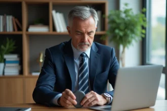Homme d'âge moyen en costume dans un bureau moderne