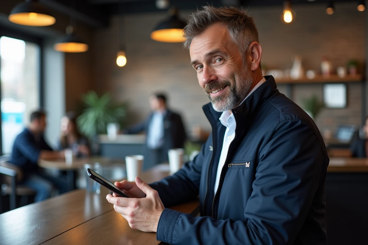Homme utilisant son smartphone pour accéder à ses billets sur le compte Advango dans un café urbain