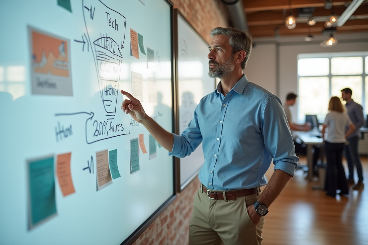 Homme d age moyen expliquant un diagramme marketing