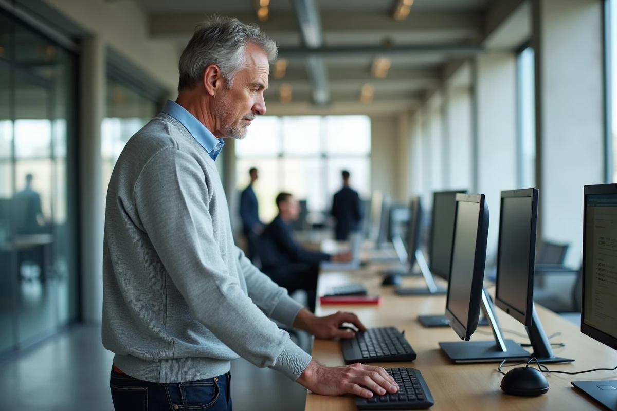 Homme en open space effectuant une transition de compte sur le portail numérique de La Poste