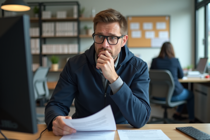 Homme d'âge moyen lisant des papiers dans un bureau emploi