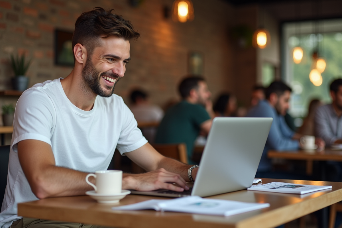 Homme souriant travaillant sur un flyer dans un café chaleureux