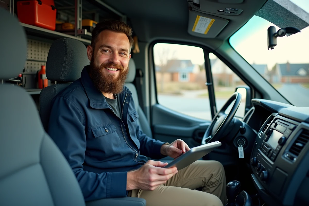 Homme avec barbe utilisant une tablette dans une camionnette de service