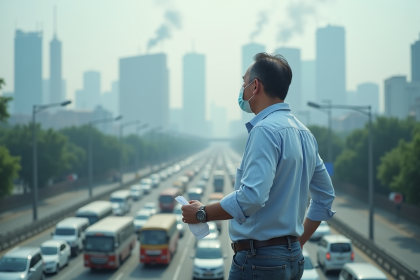 Homme regardant la ville polluée avec smog et trafic