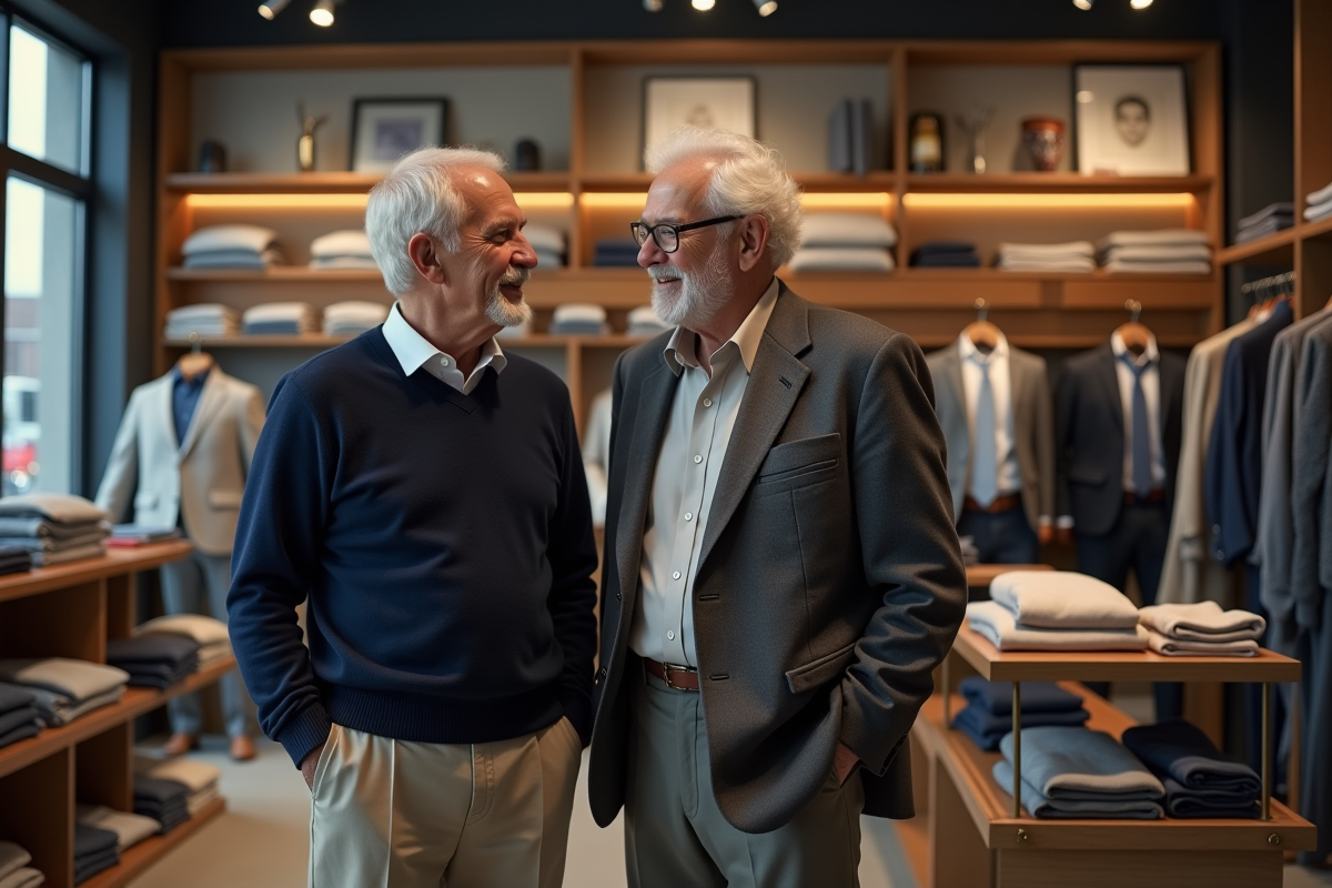 Deux hommes âgés discutant dans un magasin de vêtements