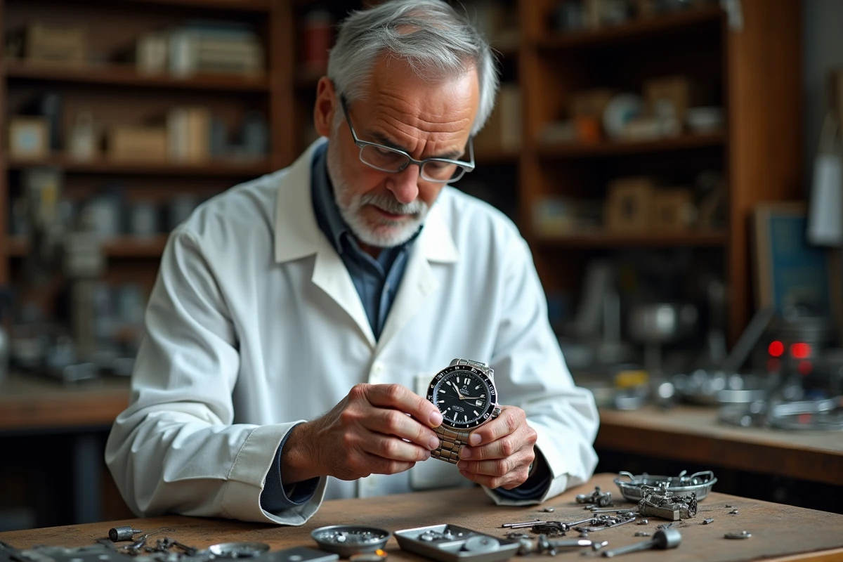 Horloger examinant une montre Omega avec une loupe dans un atelier de haute horlogerie suisse