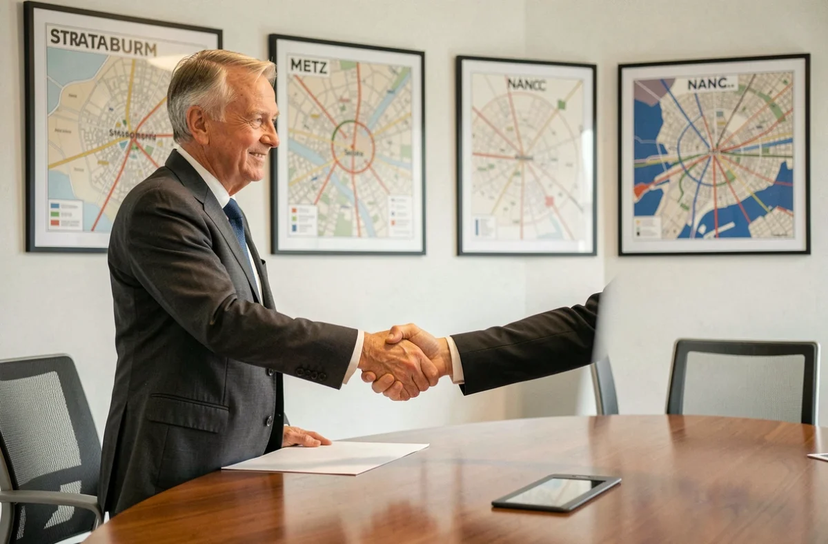 Expert-comptable d'In Extenso serrant la main d'un client dans une salle de réunion avec des références aux villes de Strasbourg, Metz et Nancy