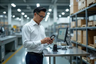 Ingénieur examinant un marquage CE sur un produit électronique dans un environnement de contrôle qualité industriel