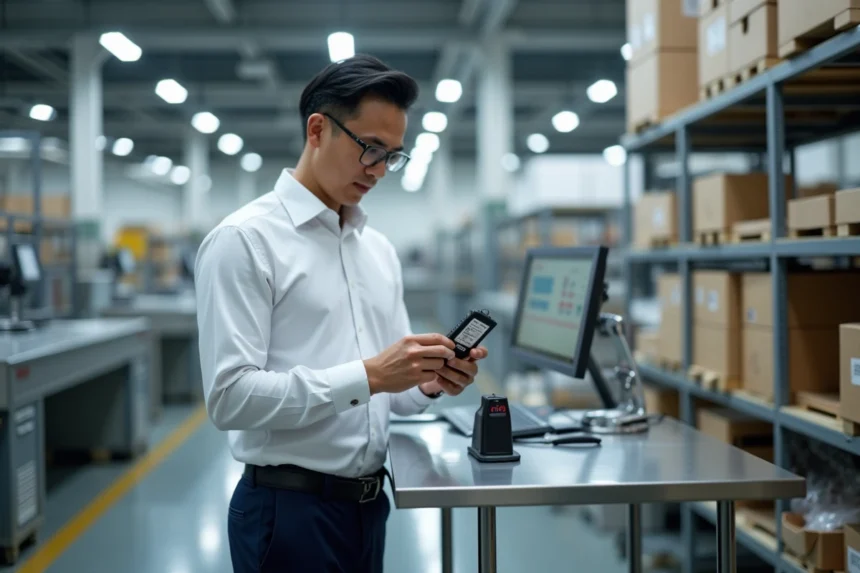Ingénieur examinant un marquage CE sur un produit électronique dans un environnement de contrôle qualité industriel