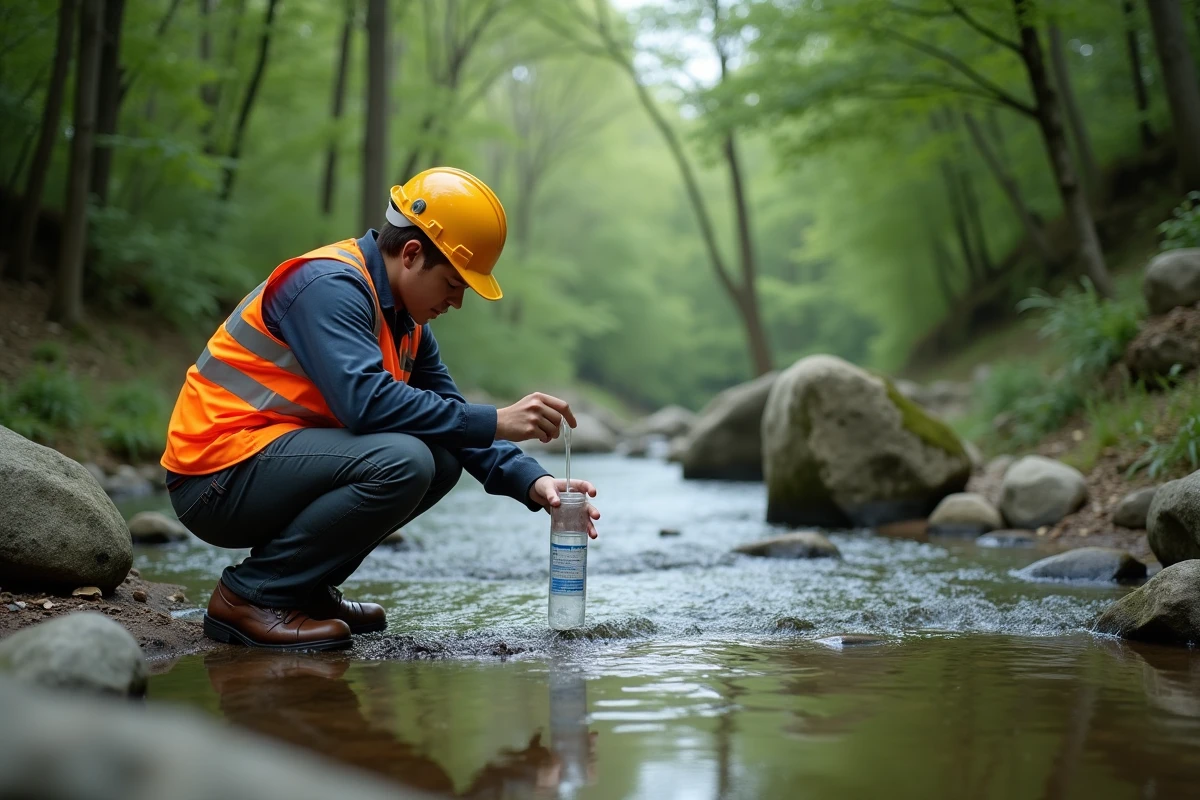 Jeune ingénieur prélevant un échantillon d eau en nature