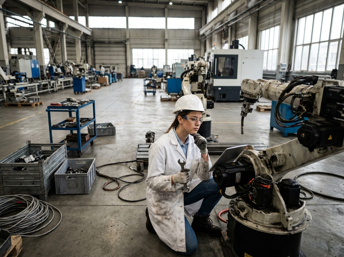 Ingénieure industrielle vérifiant un bras robotique défectueux