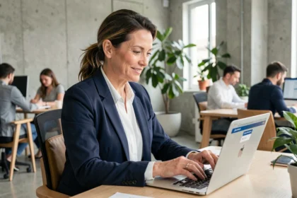 Femme professionnelle s'inscrivant en ligne à un événement entrepreneurial LesEntreprisesFrenchy sur son ordinateur portable dans un espace de coworking moderne
