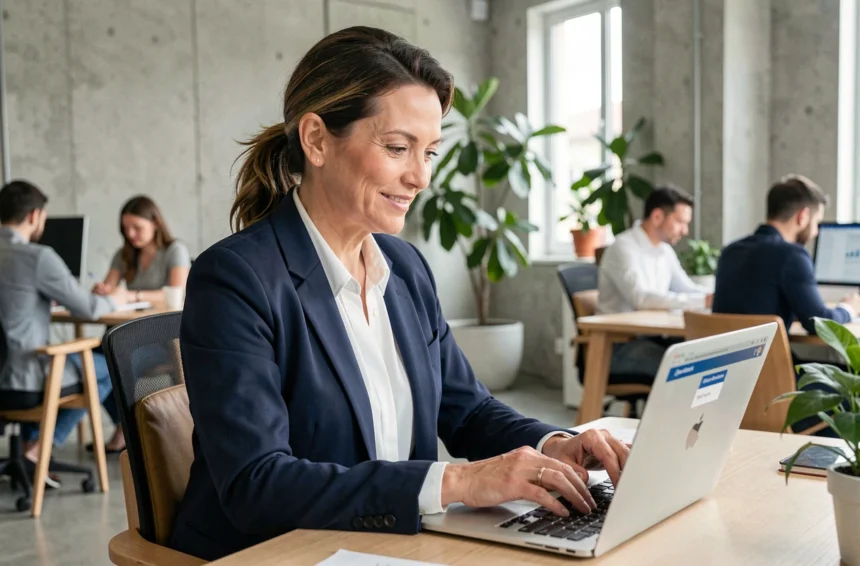 Femme professionnelle s'inscrivant en ligne à un événement entrepreneurial LesEntreprisesFrenchy sur son ordinateur portable dans un espace de coworking moderne