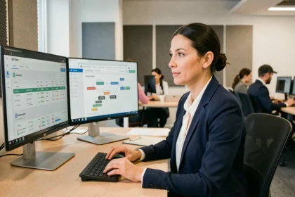 Femme professionnelle intégrant une plateforme B2B partenaires dans un CRM sur double écran en open space moderne