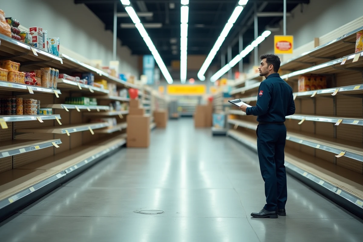 Intérieur vide d'un supermarché en cours de liquidation avec rayons dégarnies et employé