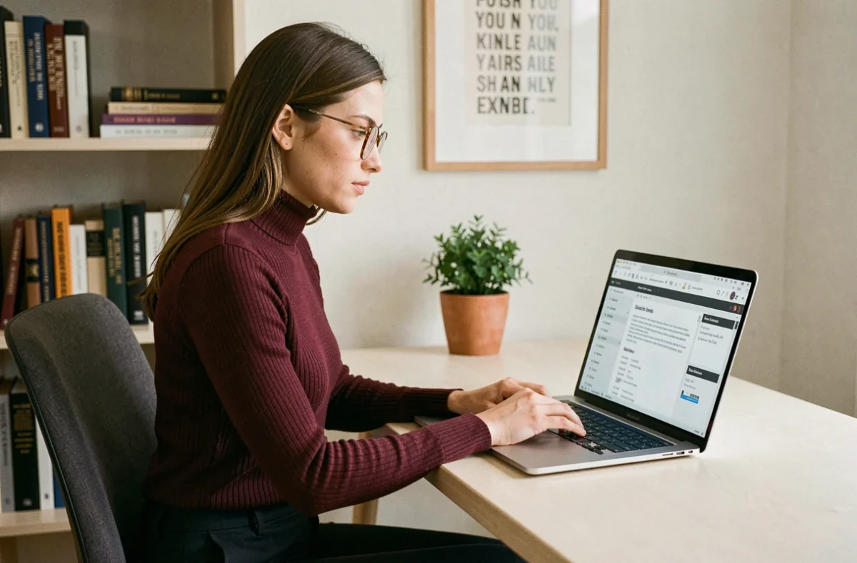 Jeune professionnelle en télétravail rédigeant son CV commercial avec ses compétences et objectifs atteints sur un ordinateur portable