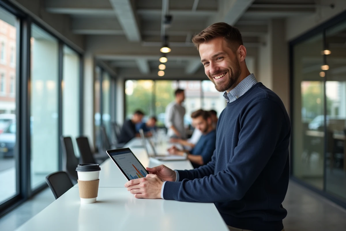 Jeune entrepreneur en espace de coworking consultant un plan d'aides financières pour sa micro-entreprise sur tablette