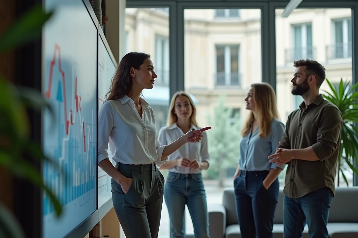 Jeune entrepreneure présentant des données à Lyon