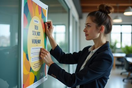 Jeune femme professionnelle accroche une affiche colorée dans un espace de coworking