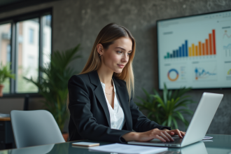 Jeune femme en bureau moderne travaillant sur son ordinateur