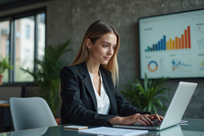 Jeune femme en bureau moderne travaillant sur son ordinateur