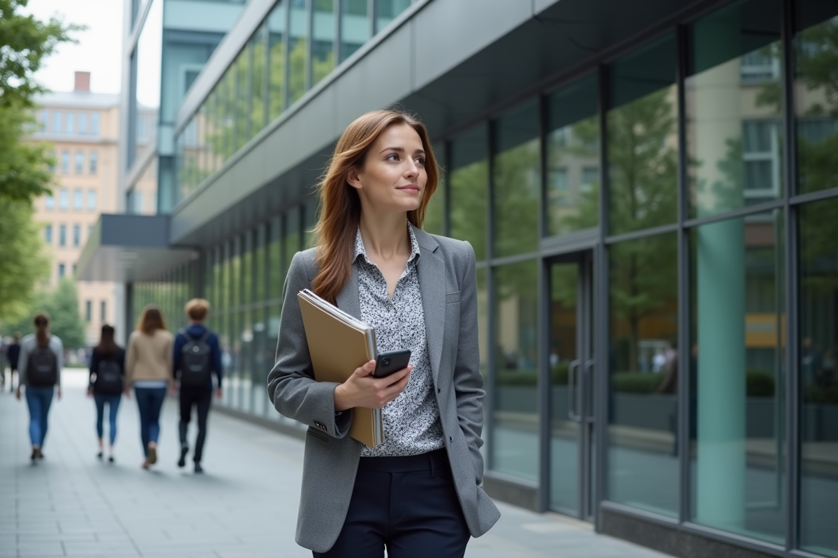 Jeune femme dans un centre emploi moderne avec dossier et smartphone
