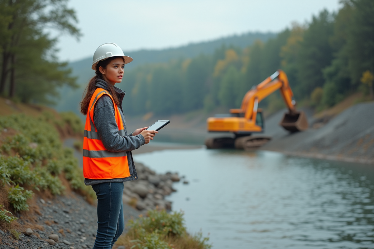 Jeune femme en gilet orange observant un chantier en extérieur