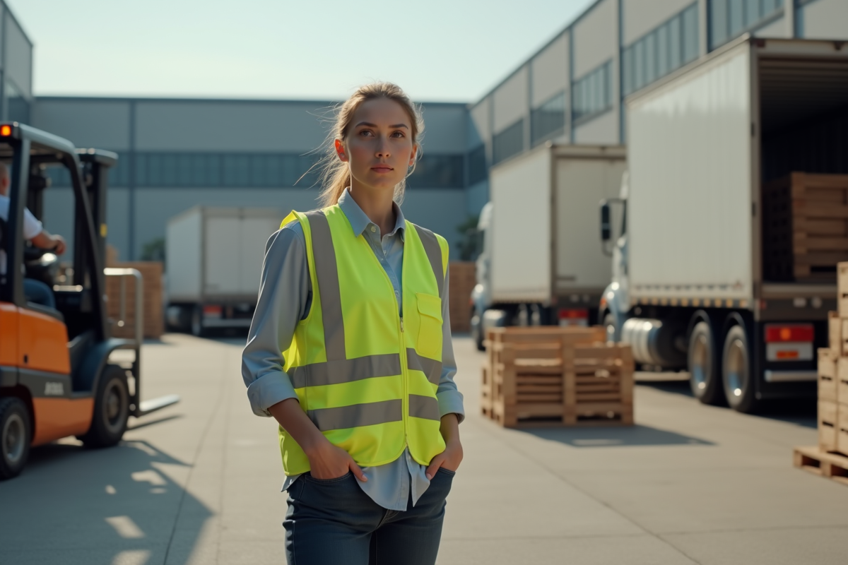 Jeune femme en gilet haute visibilité dirigeant un chariot élévateur