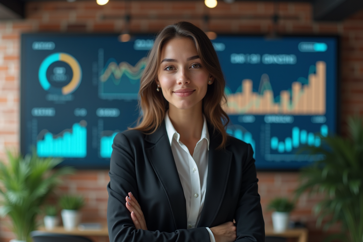 Jeune entrepreneure devant un tableau de bord digital dans un espace de coworking