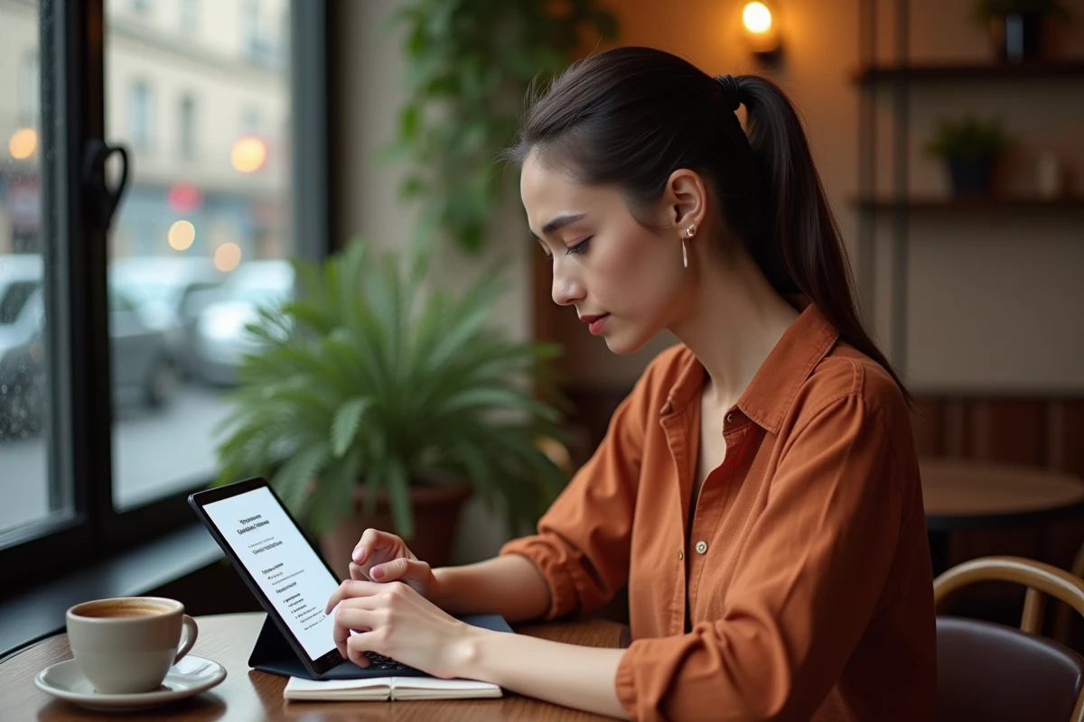 Jeune femme consultant le guide de transition du portail La Poste sur une tablette dans un café parisien