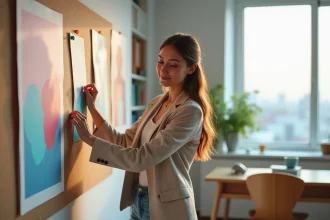 Jeune femme arrangeant des posters dans un bureau lumineux