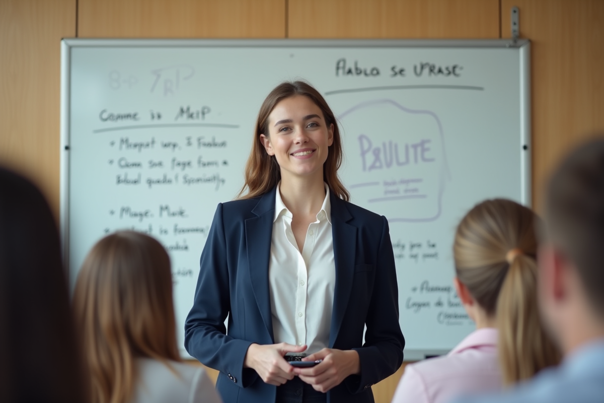 Jeune femme expliquant un diagramme 8P en classe moderne