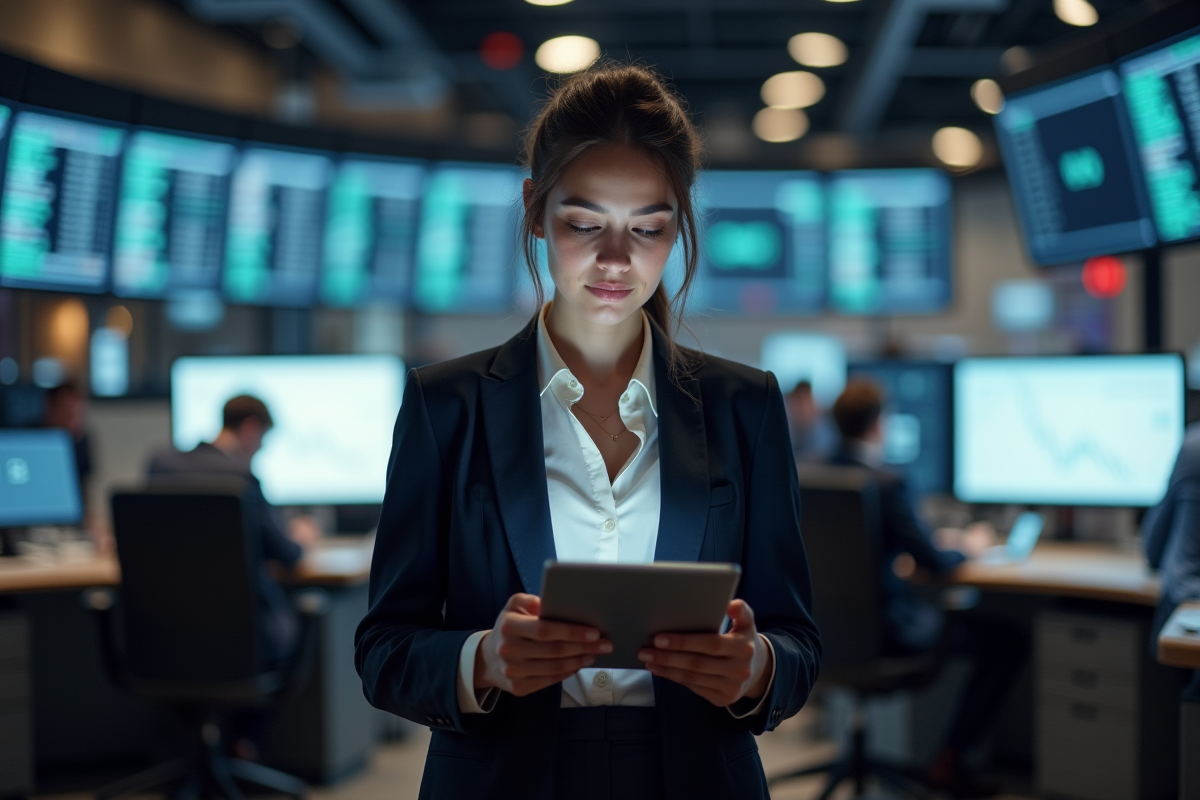 Jeune femme trader sur un plateau de trading dynamique