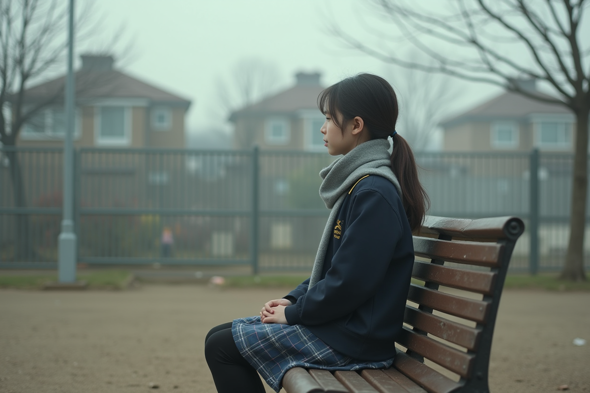 Jeune fille observant la pollution dans un parc suburbain