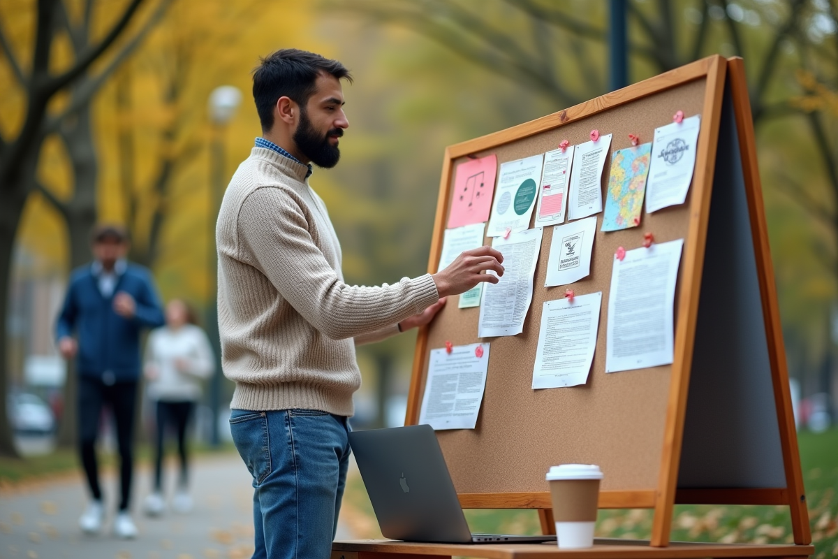 Jeune homme pinçant idées sur tableau dans un parc urbain